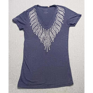 Energie Short Sleeve Shirt Women's Size Small Blue Studded V-Neck Western Rodeo